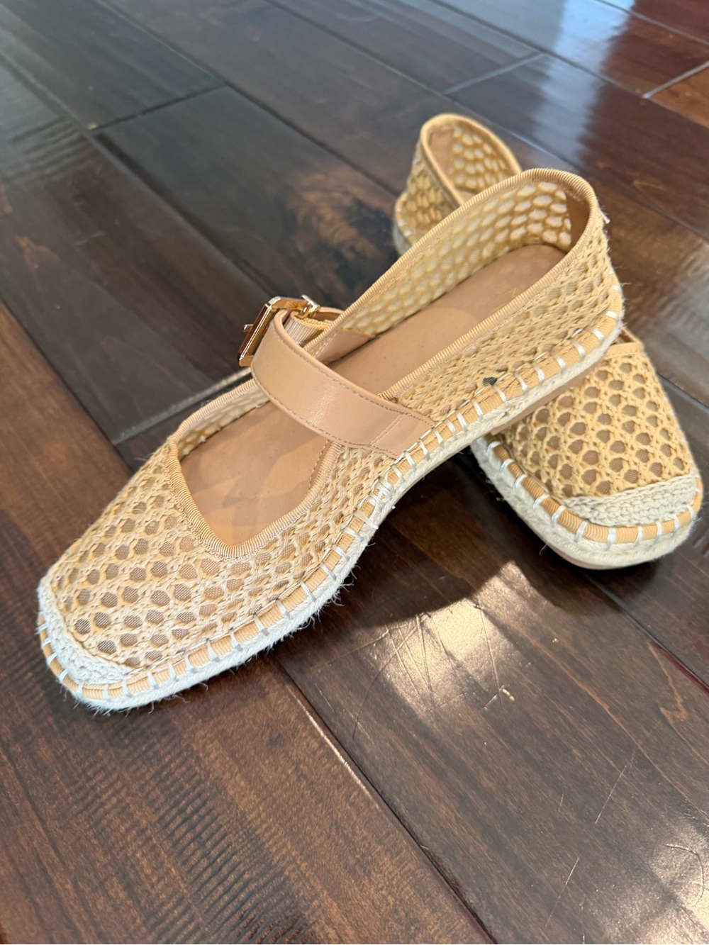 Women's Beige Crochet Espadrille Flats with Ankle Strap